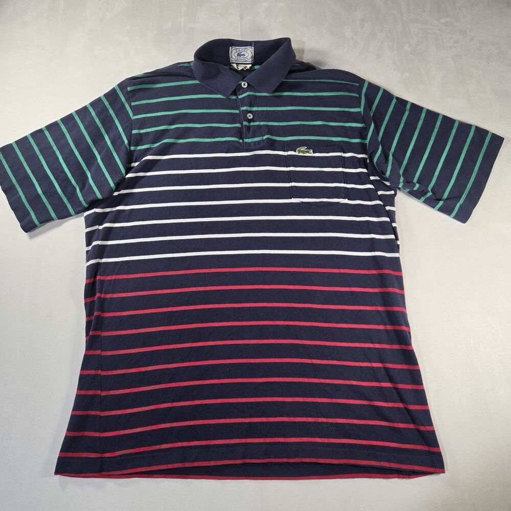 Vintage 80s IZOD Lacoste Men's XL Navy Striped Cotton Polo Shirt Logo Japan Made